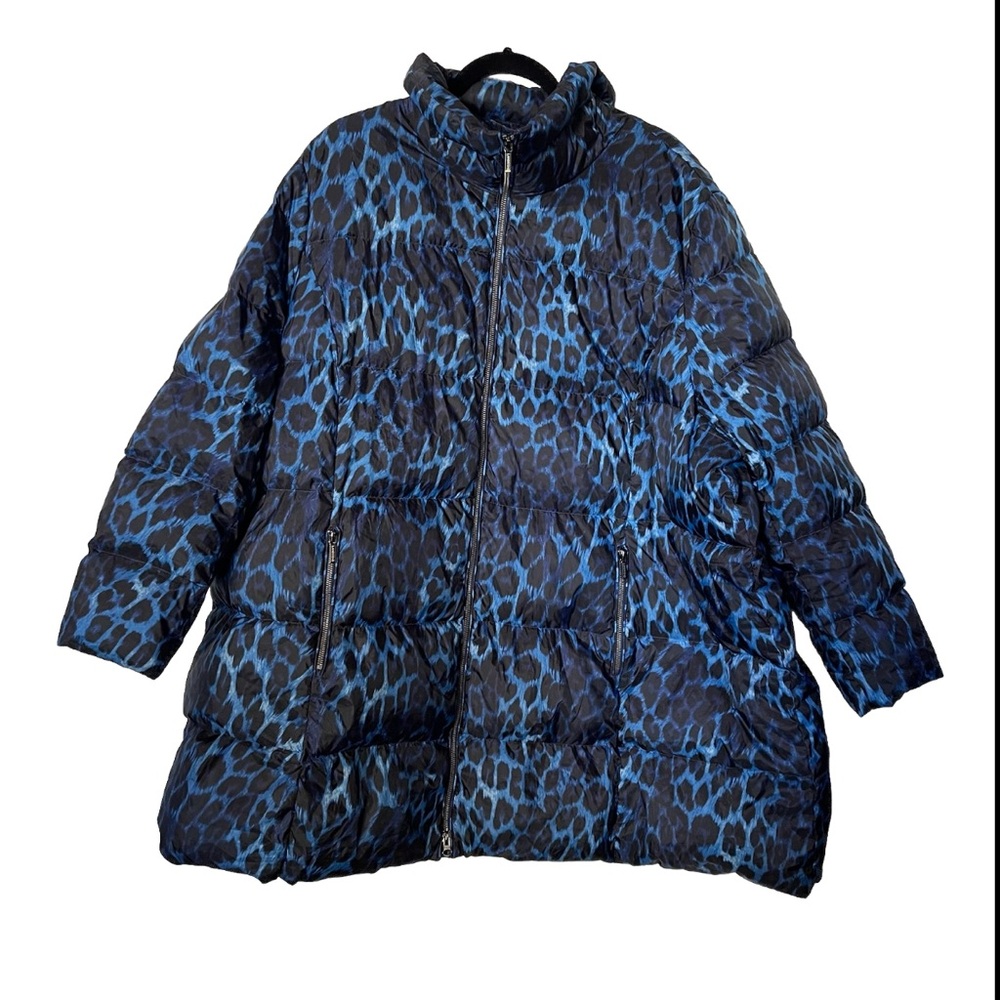 Land’s End 3X Leopard Puffer Coat 24W-26W Blue Animal Print Zippered Pockets